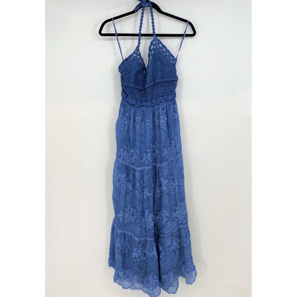 Guess Vanda Crochet V-neck Halter Silk Blend Long Dress Blue Womens Large - Picture 6 of 12
